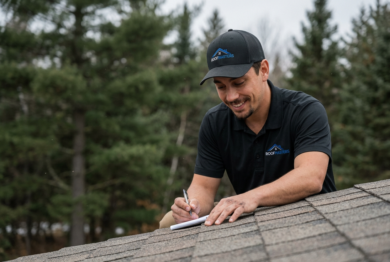 Roof Masters owner inspecting shingles on a Northwoods roof before writing an estimate