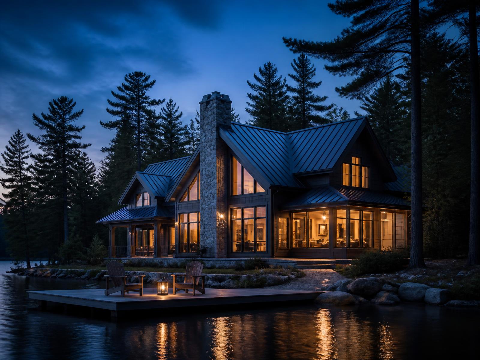 Northwoods lake home at dusk with a newly installed architectural shingle roof