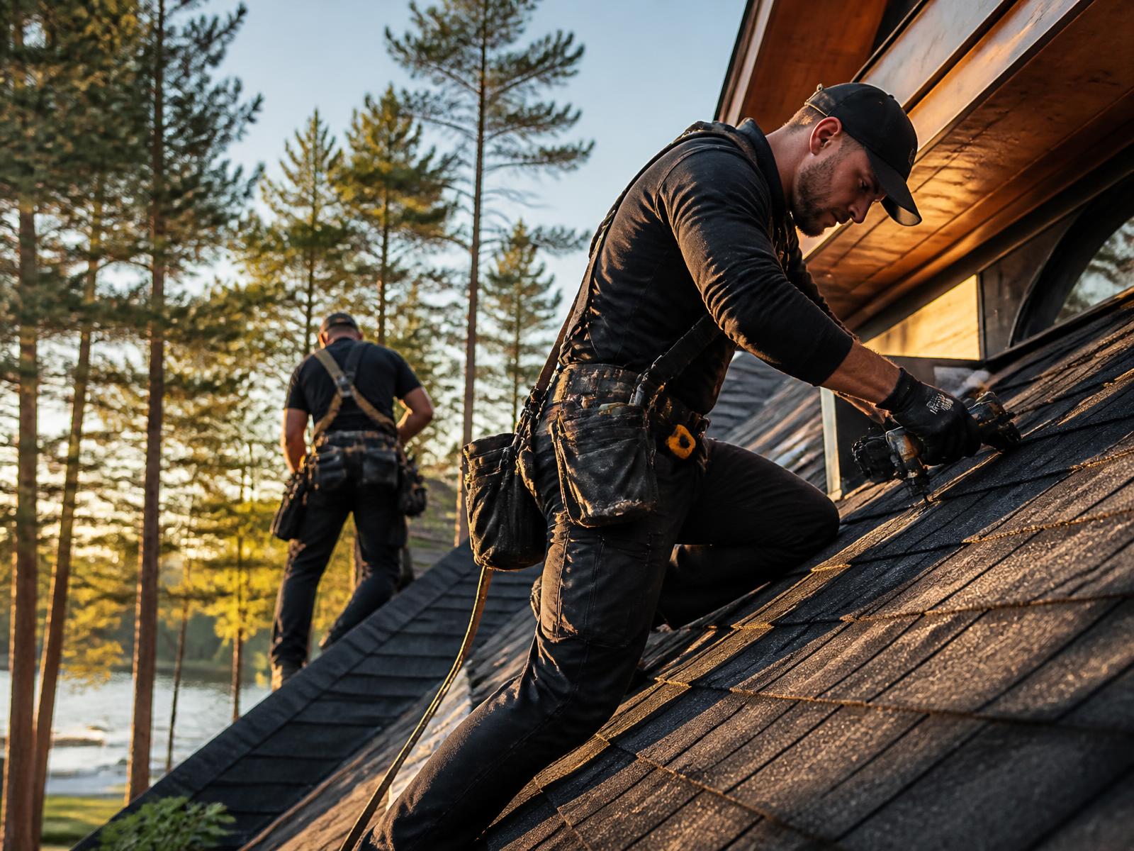 Roof Masters roofing technicians working on a Northwoods home