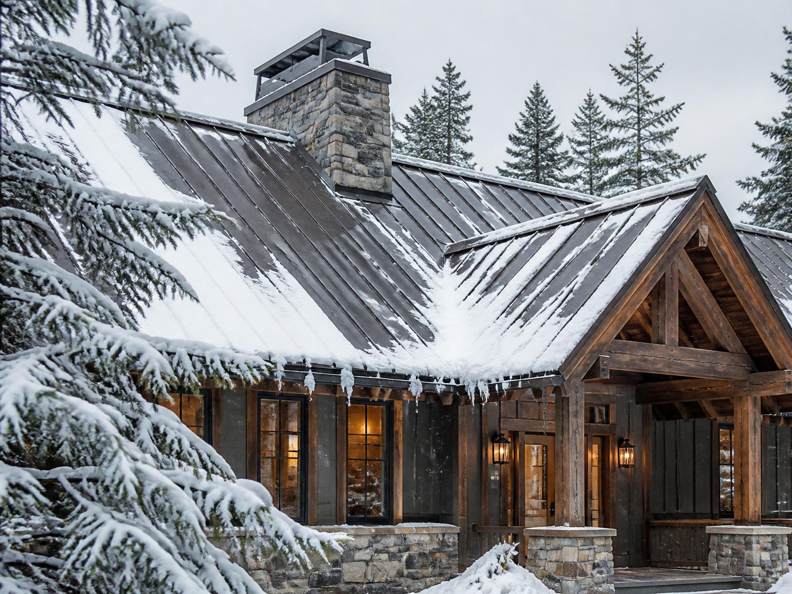 Standing seam metal roof on a Northwoods home in winter
