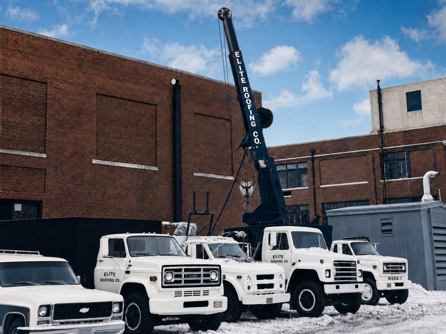 Elite Roofing and Sheet Metal fleet of work trucks and crane in Milwaukee, WI