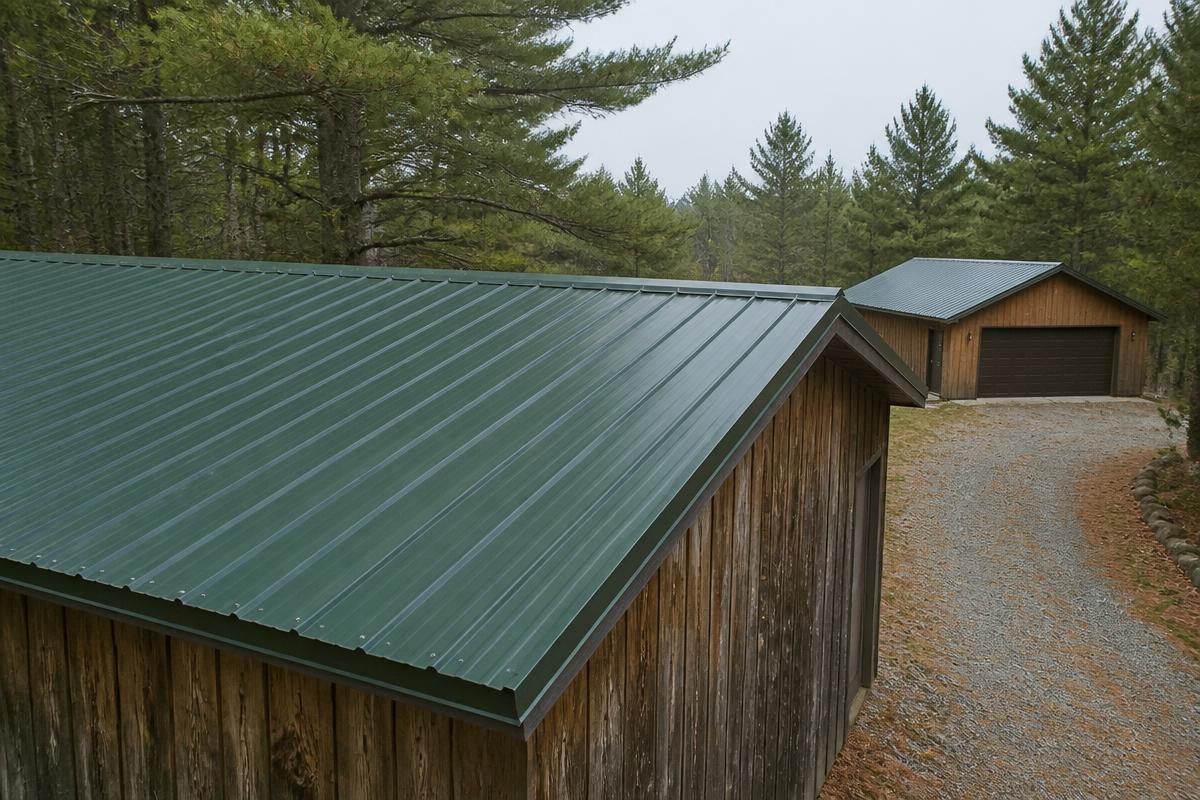 Forest green exposed-fastener ribbed ag panel metal roof on a Wisconsin pole shed and detached garage
