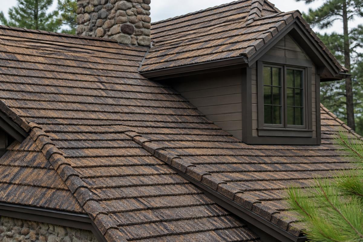 Brown stone-coated steel metal shingle roof with a shake-look profile on a Northwoods home