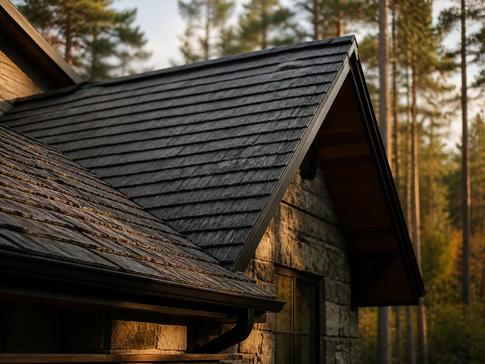 Brown stone-coated steel metal shingle roof with a shake-look profile on a Northwoods home