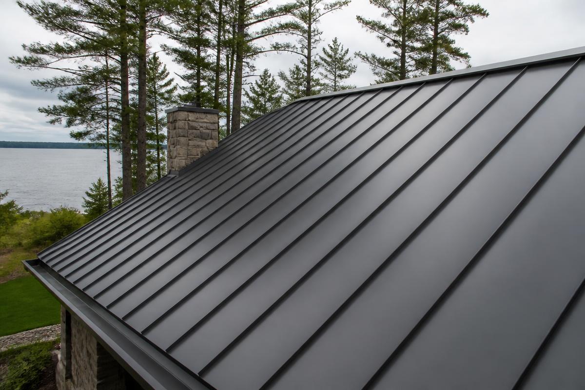 Dark charcoal standing seam metal roof with concealed fasteners on a northern Wisconsin lake home